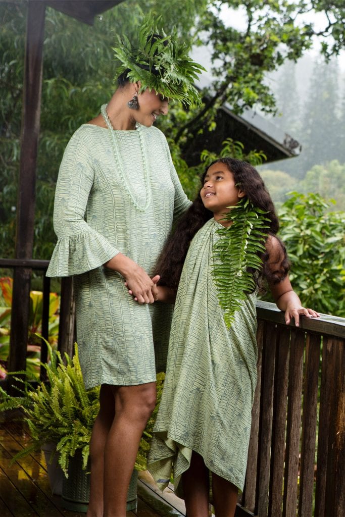 Model wearing Mama Dress in Margarita Lily Pad Kupukupu pattern