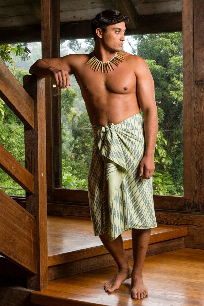 Male Model Wearing Lily Pad Margarita Pareo Wrap in Uwila Pattern