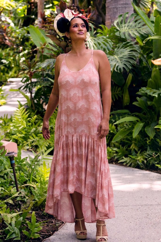 Female Model wearing Oluolu Maxi Dress in a Kalihilehua Pattern and Ash Rose-Lotus Color - Front View